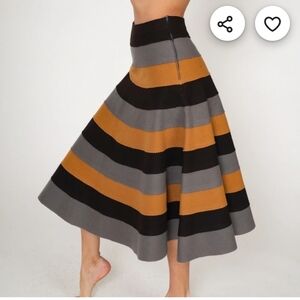 Vintage Anne Klein Striped Wool Long Skirt Black Tan Gray 90s Womens Size 4